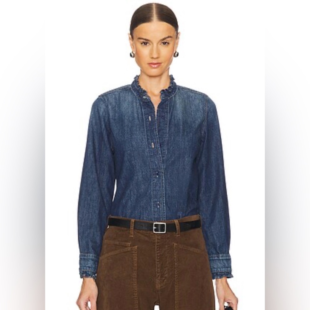 Ricki's Dark Blue Denim button blouse, ruffled neck - size Medium